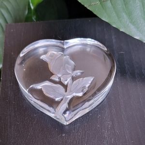 Heart-shaped  Glass Paperweight with Etched Frosted Rose